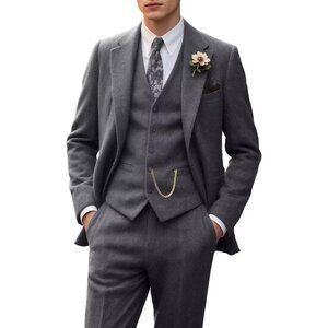 Men's Grey 3 Piece Slim Fit Herringbone Suit Groom Tuxedo Wedding Set